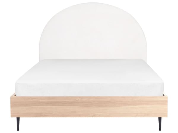 Sänky valkoinen/vaalea puu kangasverhoilu 140 x 200 cm kaareva sängynpääty MDF metallijalat moderni tyyli