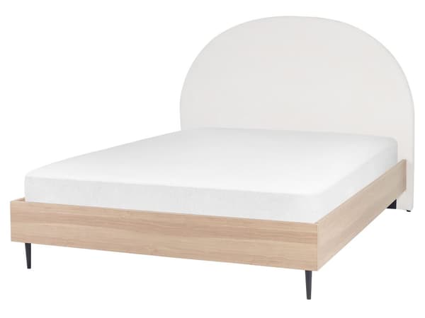 Sänky valkoinen/vaalea puu kangasverhoilu 160 x 200 cm kaareva sängynpääty MDF metallijalat moderni tyyli