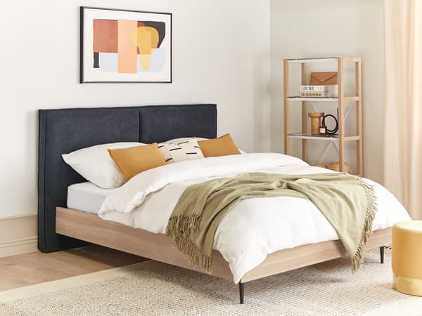 Seng med ramme grå 160 x 200 cm polstret hovedgærde sorte metalben moderne stil