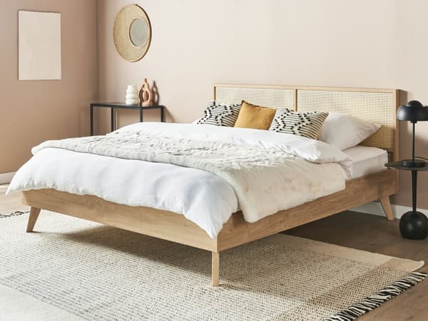 Seng Lyst Træ 180 x 200 cm Moderne Dobbeltseng Fransk Rørflet Sengegavl To Mands Seng Lav Sengeramme Minimalistisk Design