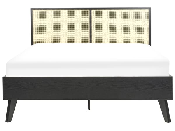 Seng Sort Træ 140 x 200 cm Moderne Trekvart Seng Fransk Rørflet Sengegavl Halvandenmandsseng Lav Sengeramme Minimalistisk Design