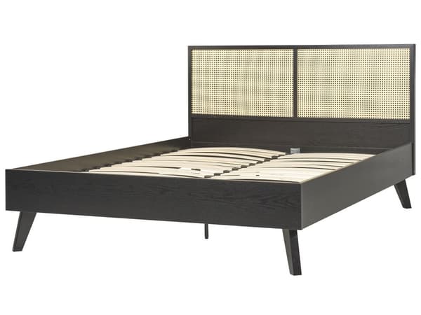 Seng Sort Træ 140 x 200 cm Moderne Trekvart Seng Fransk Rørflet Sengegavl Halvandenmandsseng Lav Sengeramme Minimalistisk Design