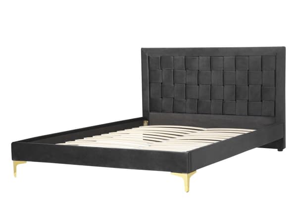 Velourseng Sort Polstret Guld Metalben 140 x 200 cm Moderne Trekvart Seng Flettet Sengegavl Halvandenmands 3 kvart Seng Design Metalben