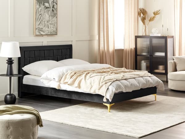 Velourseng Sort Polstret Guld Metalben 140 x 200 cm Moderne Trekvart Seng Flettet Sengegavl Halvandenmands 3 kvart Seng Design Metalben