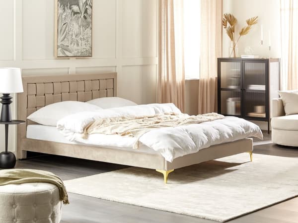 Seng Taupe Velour 160 x 200 cm Moderne To Mands Seng Flettet Sengegavl Dobbeltseng Sengeramme Retro Design Metalben