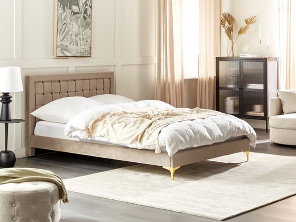 Dubbelsäng Klädd Sängram 140 x 200 cm Taupe Sammet Ben i Guld Färg