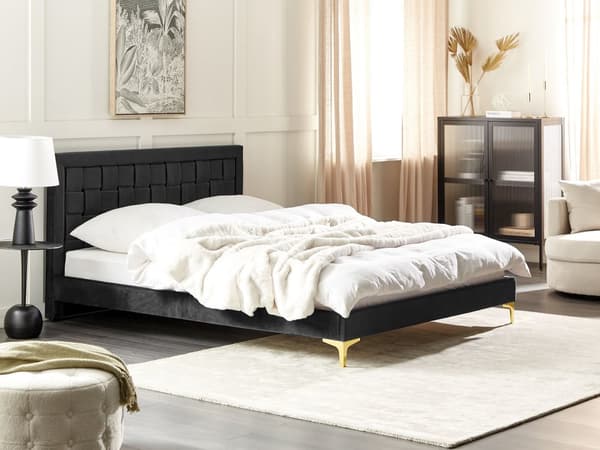Seng Sort Velour 160 x 200 cm Moderne To Mands Seng Flettet Sengegavl Dobbeltseng Sengeramme Retro Design Metalben