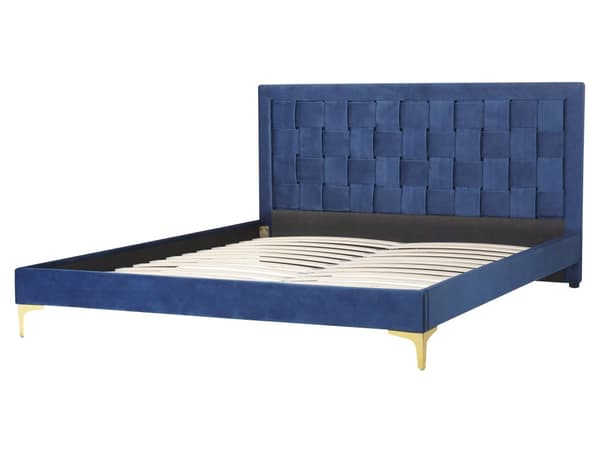 Seng Blå Velour 160 x 200 cm Moderne To Mands Seng Flettet Sengegavl Dobbeltseng Sengeramme Retro Design Metalben
