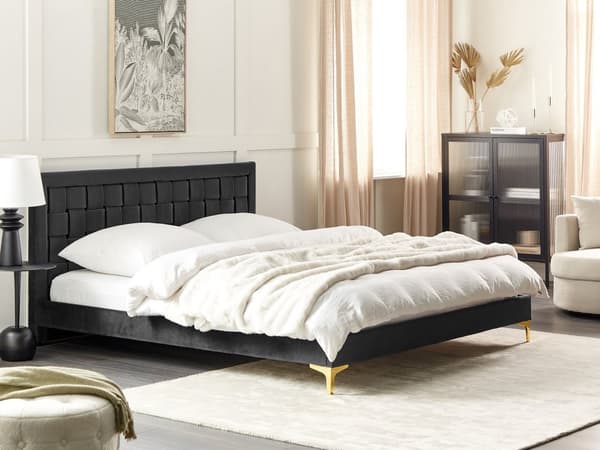 Seng Sort Velour 180 x 200 cm Moderne To Mands Seng Flettet Sengegavl Dobbeltseng Sengeramme Retro Design Metalben
