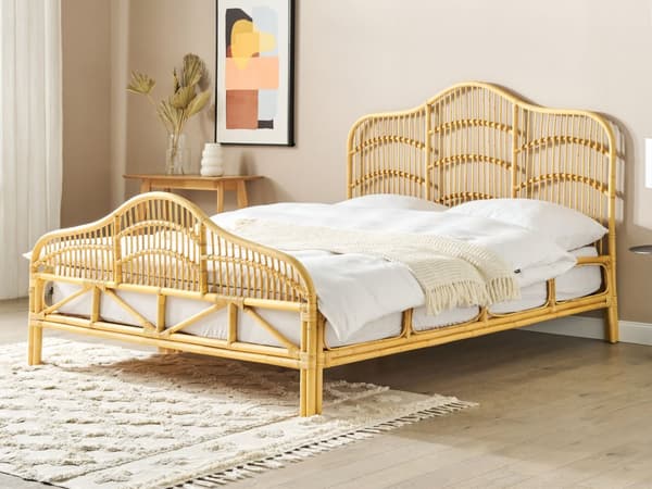 Seng Lyst Rattan 160 x 200 cm Moderne Dobbeltseng Boho Træseng Sengegavl To Mands Seng Lav Sengeramme Minimalistisk Design