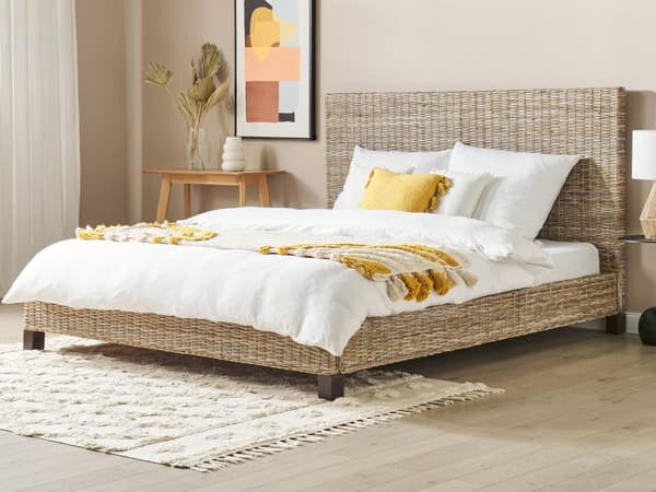 Seng Lyst Rattan 180 x 200 cm Moderne Dobbeltseng Boho Flet Træseng Sengegavl To Mands Seng Lav Sengeramme Minimalistisk Design