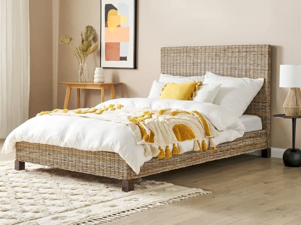 Seng Lyst Rattan 140 x 200 cm Moderne Trekvart Seng Flet Boho Træseng Sengegavl Halvandenmandsseng Lav Sengeramme Minimalistisk Design