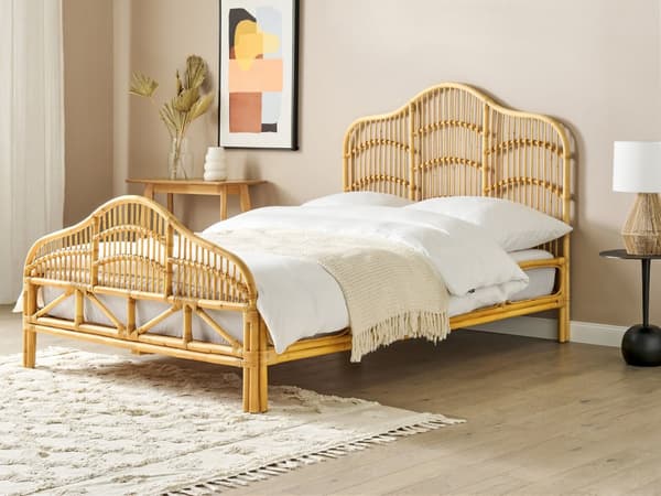 Seng Lyst Rattan 140 x 200 cm Moderne Trekvart Seng Boho Træseng Sengegavl Halvandenmandsseng Lav Sengeramme Minimalistisk Design