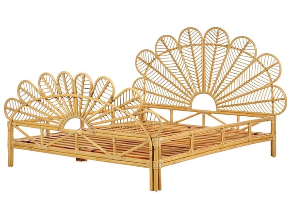 Seng Lyst Rattan 160 x 200 cm Moderne Dobbeltseng Boho Flet Træseng Sengegavl To Mands Seng Lav Sengeramme Minimalistisk Design
