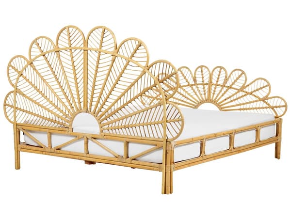 Seng Lyst Rattan 160 x 200 cm Moderne Dobbeltseng Boho Flet Træseng Sengegavl To Mands Seng Lav Sengeramme Minimalistisk Design
