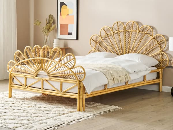 Seng Lyst Rattan 160 x 200 cm Moderne Dobbeltseng Boho Flet Træseng Sengegavl To Mands Seng Lav Sengeramme Minimalistisk Design