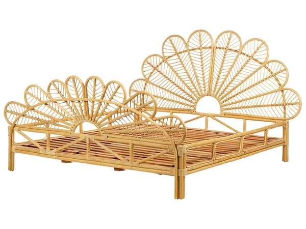 Seng Lyst Rattan 160 x 200 cm Moderne Dobbeltseng Boho Flet Træseng Sengegavl To Mands Seng Lav Sengeramme Minimalistisk Design