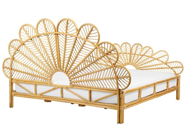 Seng Lyst Rattan 160 x 200 cm Moderne Dobbeltseng Boho Flet Træseng Sengegavl To Mands Seng Lav Sengeramme Minimalistisk Design