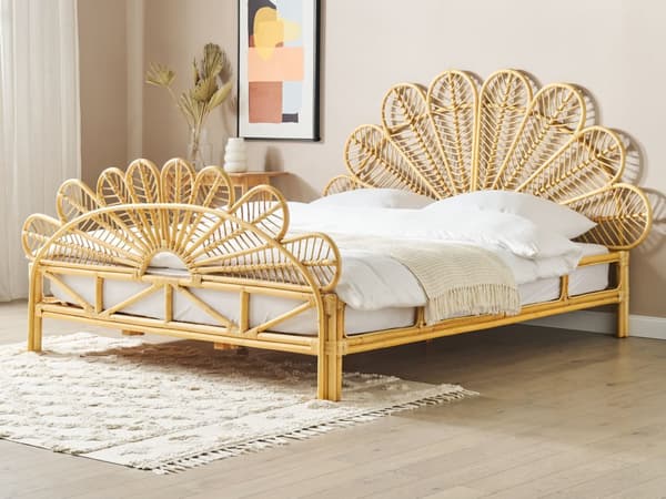 Seng Lyst Rattan 160 x 200 cm Moderne Dobbeltseng Boho Flet Træseng Sengegavl To Mands Seng Lav Sengeramme Minimalistisk Design