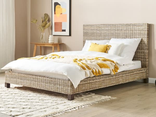 Seng Lyst Rattan 160 x 200 cm Moderne Dobbeltseng Boho Flet Træseng Sengegavl To Mands Seng Lav Sengeramme Minimalistisk Design