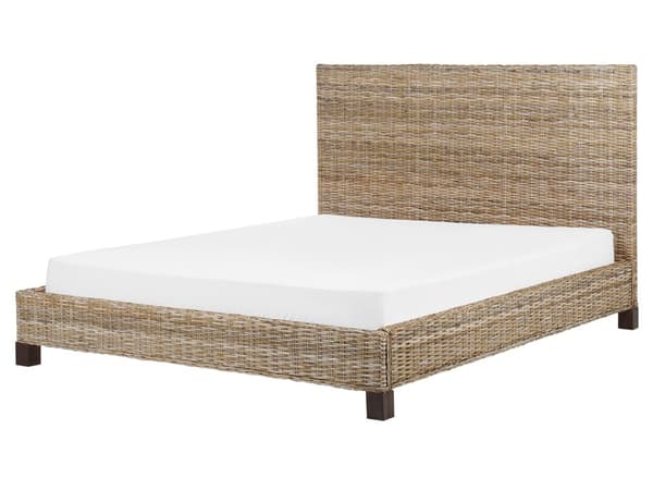 Seng Lyst Rattan 160 x 200 cm Moderne Dobbeltseng Boho Flet Træseng Sengegavl To Mands Seng Lav Sengeramme Minimalistisk Design