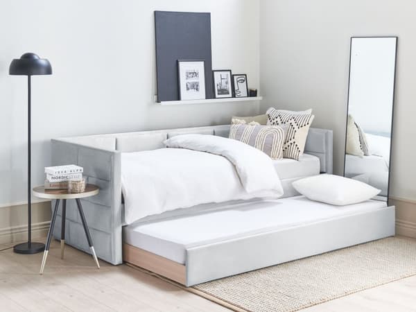 Sohvasänky vaaleanharmaa 90 x 200 cm samettiverhoilu puu ulosvedettävä varavuode sälepohja glamour