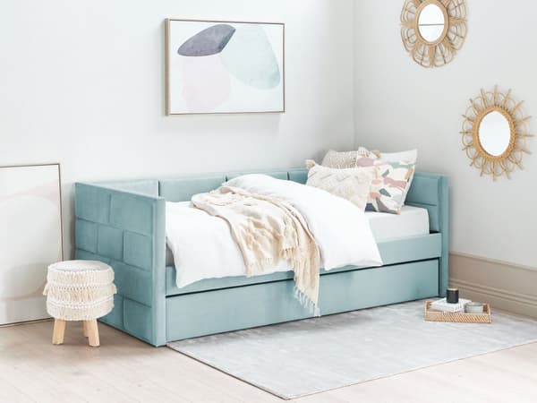 Sohvasänky mintunvihreä 90 x 200 cm samettiverhoilu puu ulosvedettävä varavuode sälepohja glamour