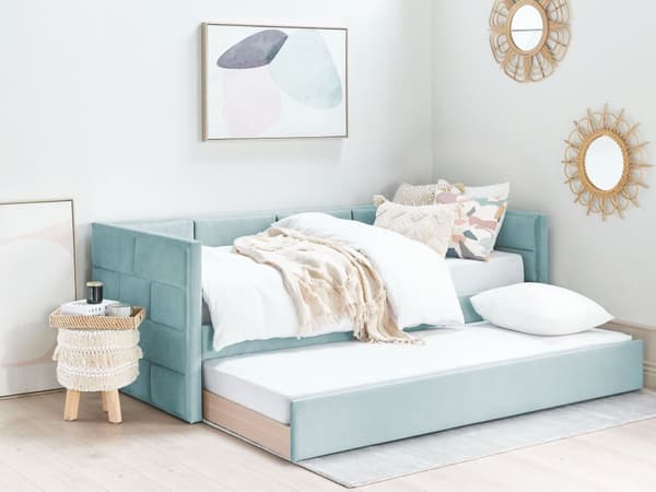 Sohvasänky mintunvihreä 90 x 200 cm samettiverhoilu puu ulosvedettävä varavuode sälepohja glamour