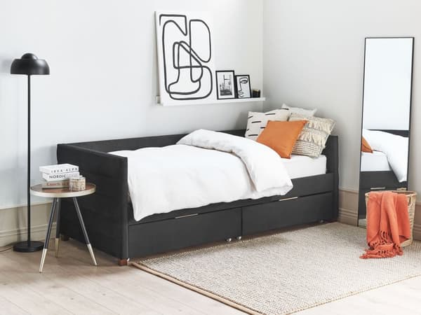 Seng med Skuffer Sort Stof 90 x 200 cm Børneseng med Opbevaring Enkeltseng Design Sengeramme Enkeltmands Seng