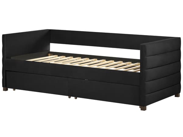 Seng med Skuffer Sort Stof 90 x 200 cm Børneseng med Opbevaring Enkeltseng Design Sengeramme Enkeltmands Seng