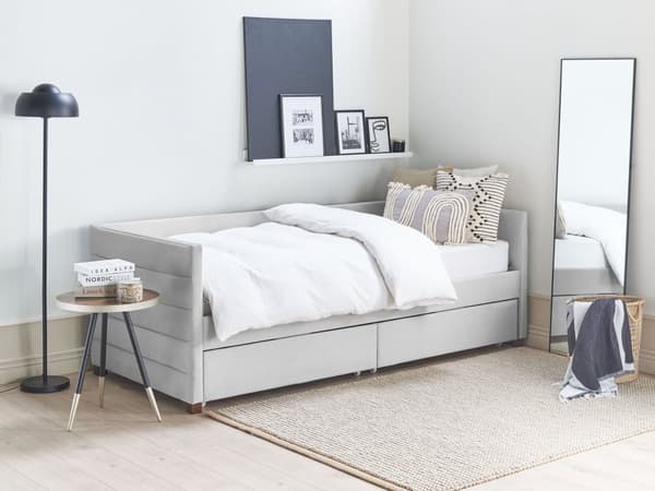 Seng med Skuffer Lysegrå Stof 90 x 200 cm Børneseng med Opbevaring Enkeltseng Design Sengeramme Enkeltmands Seng