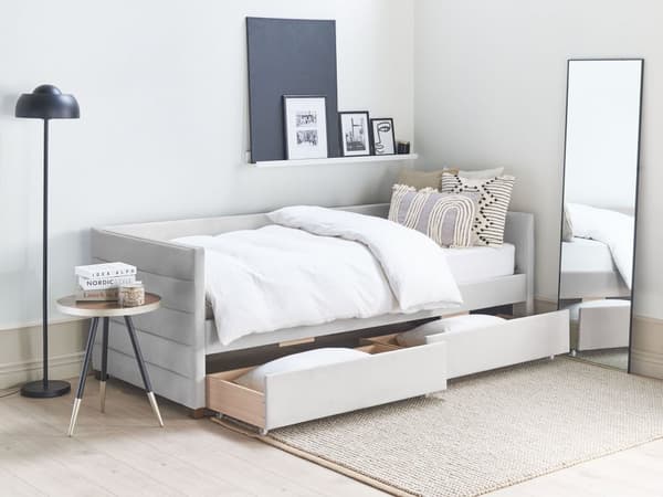 Seng med Skuffer Lysegrå Stof 90 x 200 cm Børneseng med Opbevaring Enkeltseng Design Sengeramme Enkeltmands Seng