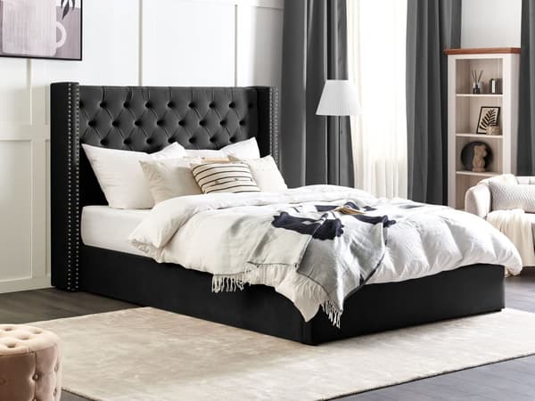 Seng Svart Fløyel 180 x 200 cm Med oppbevaring Lamellbunn Høy sengegavl Elegant Klassisk stil Glam Soverom