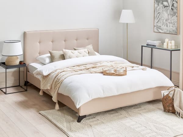 Beige Polstret Seng 160 x 200 cm med Ramme og Sengegavl med Dekorative Knapper