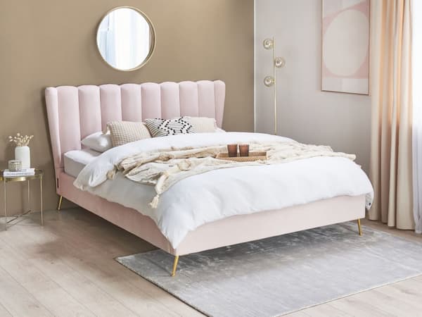 Lyserød velourrammeseng 160 x 200 cm med hovedgærde med USB-port moderne glamourstil til soveværelset