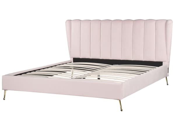Lyserød velourrammeseng 180 x 200 cm med hovedgærde med USB-port moderne glamourstil til soveværelset