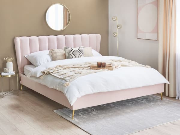 Lyserød velourrammeseng 180 x 200 cm med hovedgærde med USB-port moderne glamourstil til soveværelset