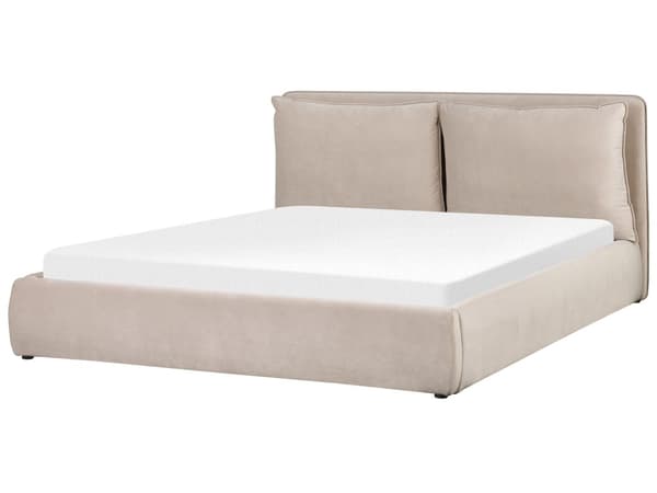 Beige velourrammeseng 180 x 200 cm med nakkestøtte puder moderne stil