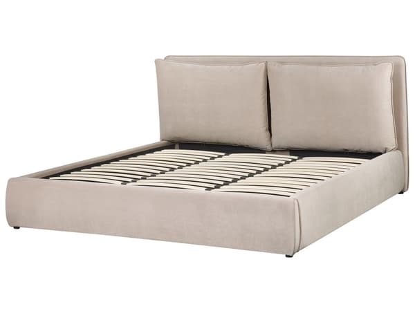 Beige velourrammeseng 180 x 200 cm med nakkestøtte puder moderne stil