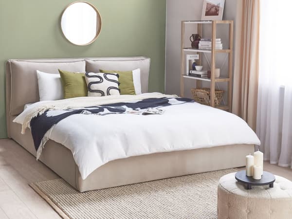 Beige velourrammeseng 180 x 200 cm med nakkestøtte puder moderne stil