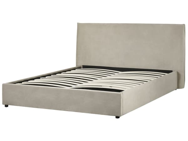 Förvaringssäng Taupe Sammetsklädsel Dubbelsäng 160 x 200 cm Stor Klassisk Huvudgavel Förvaringsfunktion Träribbor Sovrum Gästrum
