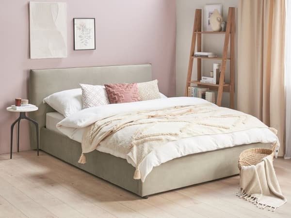 Förvaringssäng Taupe Sammetsklädsel Dubbelsäng 160 x 200 cm Stor Klassisk Huvudgavel Förvaringsfunktion Träribbor Sovrum Gästrum