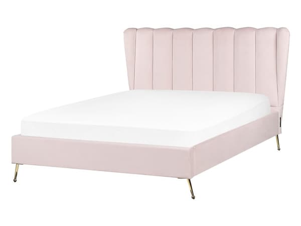 Sängram Rosa Sammetsklädsel Gyllene Metallben Dubbel Storlek 140 x 200 cm med USB-port Huvudgavel Modernt Glam Sovrum