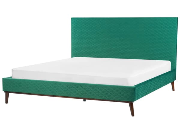 Grøn velourrammeseng 180 x 200 cm med hovedgærde i retrostil