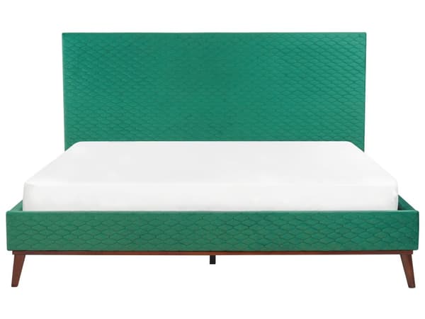 Grøn velourrammeseng 180 x 200 cm med hovedgærde i retrostil
