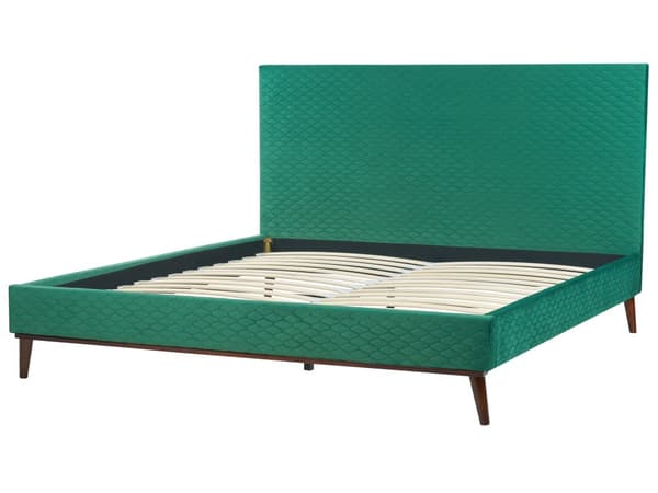 Grøn velourrammeseng 180 x 200 cm med hovedgærde i retrostil