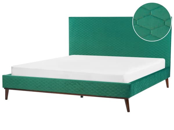Grøn velourrammeseng 180 x 200 cm med hovedgærde i retrostil