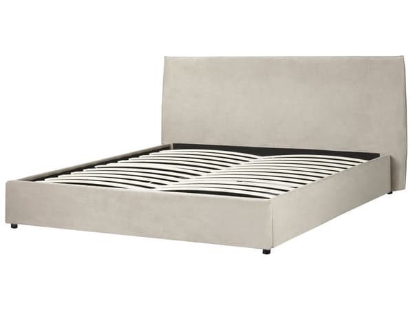 Beige grå velourpolstret seng 180 x 200 cm klassisk stor hovedgærde moderne design