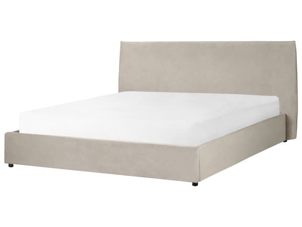 Beige grå velourpolstret seng 180 x 200 cm klassisk stor hovedgærde moderne design