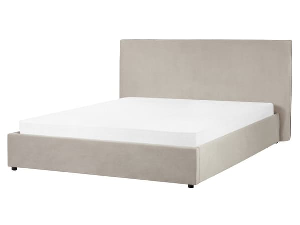 Beige grå velourpolstret seng 160 x 200 cm klassisk stor hovedgærde moderne design